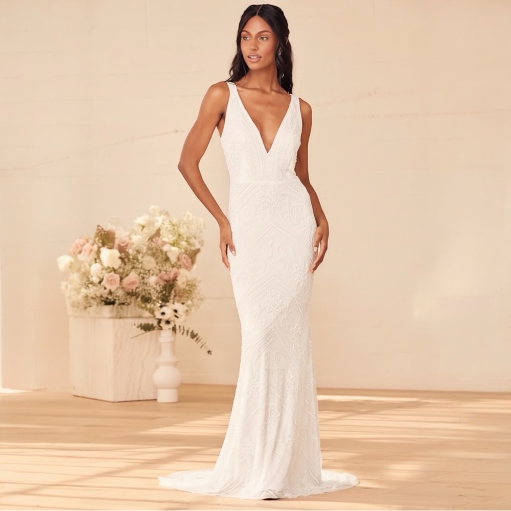 Lulu's The Sweetest Vows White Beaded Sequin Mermaid Bridal Dress Size Small